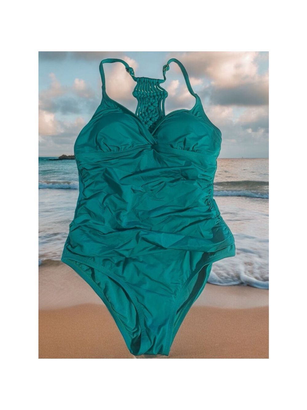 Women's firpearl Teal One Piece Swimsuit Size 10 Summer Beach Boho Braid strappy